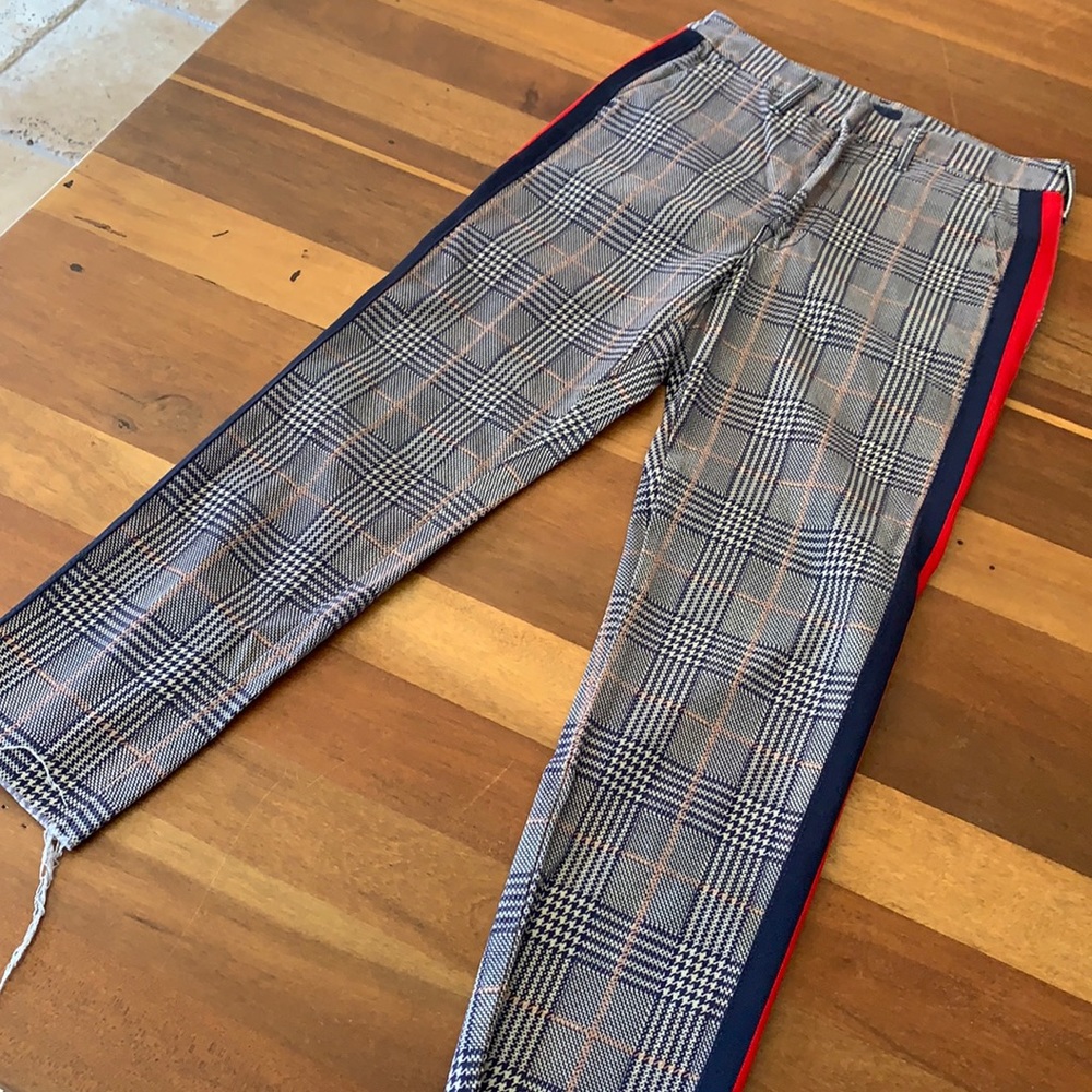 MOTHER Plaid Ankle Cropped Pants with Navy & Red Side Stripe